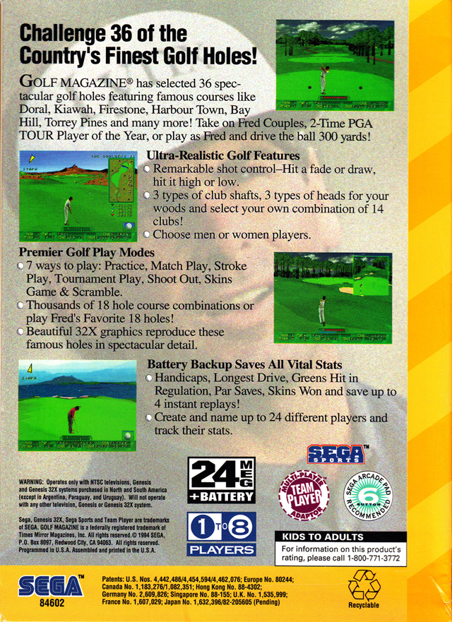 Back boxart of the game Golf Magazine - 36 Great Holes Starring Fred Couples (United States) on Sega 32X