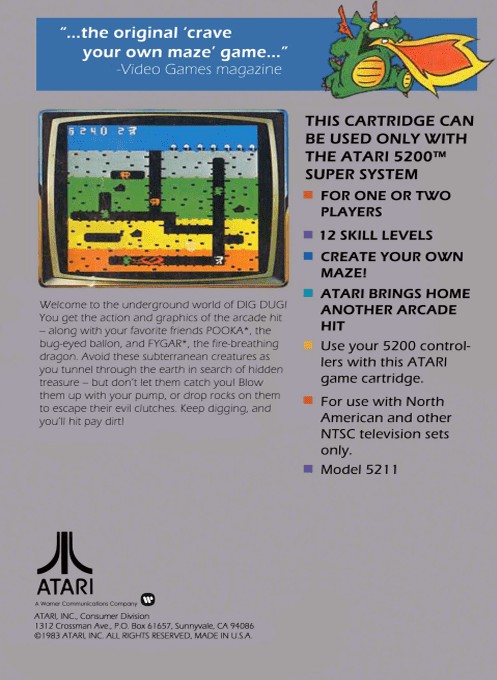 Back boxart of the game Dig Dug (Europe) on Atari 5200