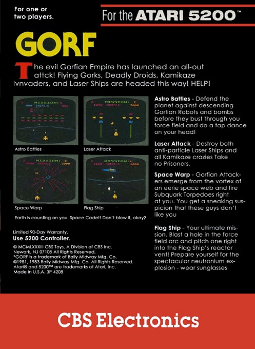 Back boxart of the game Gorf (Europe) on Atari 5200