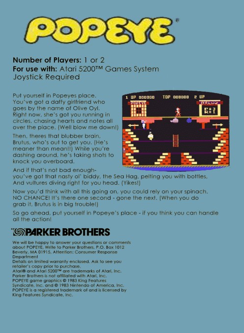 Back boxart of the game Popeye (Europe) on Atari 5200