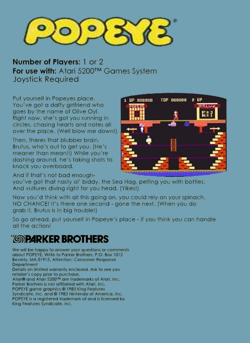 Back boxart of the game Popeye (United States) on Atari 5200