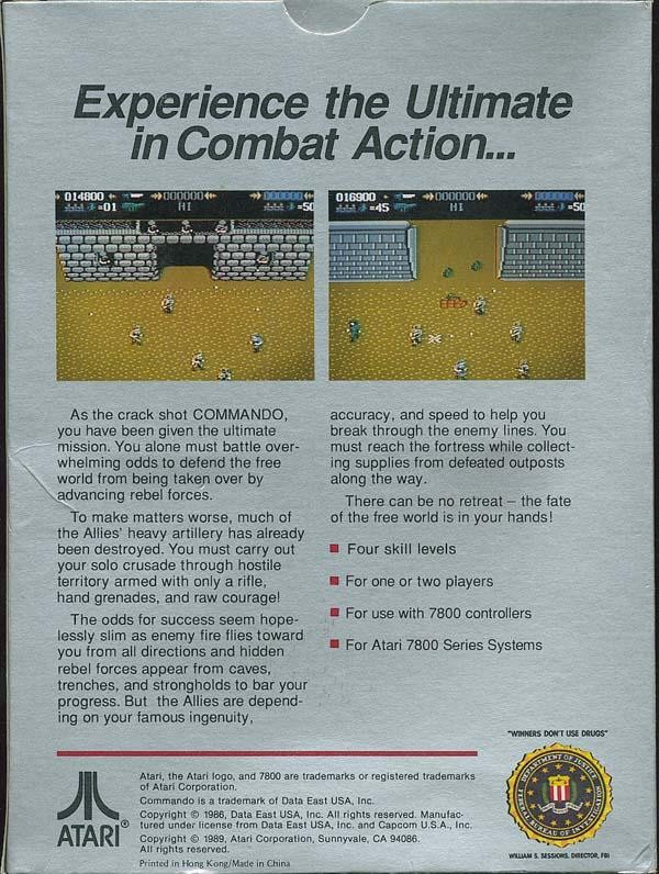 Back boxart of the game Commando (United States) on Atari 7800