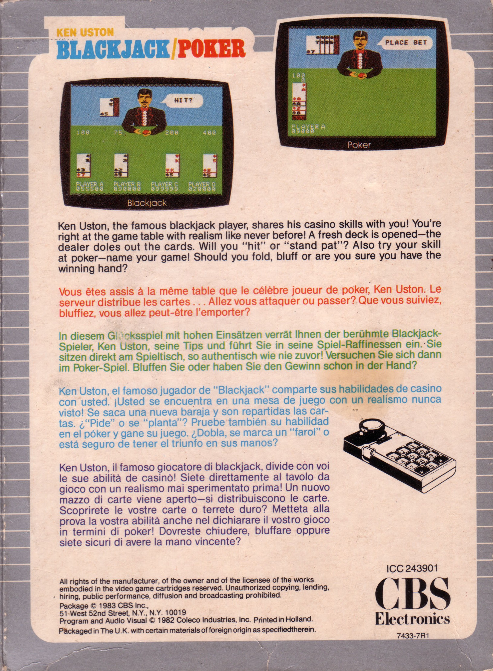 Back boxart of the game Ken Uston Blackjack-Poker (Europe) on Coleco Industries Colecovision