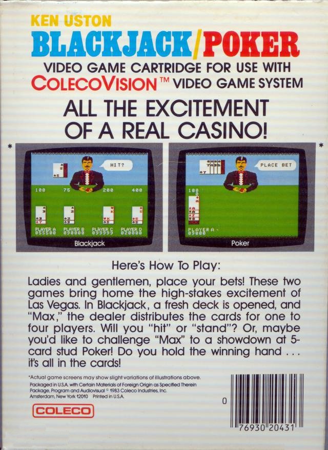 Back boxart of the game Ken Uston Blackjack-Poker (United States) on Coleco Industries Colecovision