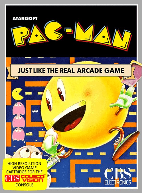 Front boxart of the game Pac-Man (United States) on Coleco Industries Colecovision