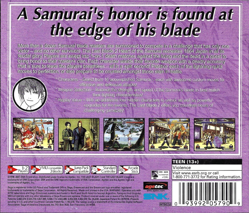 Back boxart of the game Last Blade 2, The - Heart of the Samurai (United States) on Sega Dreamcast