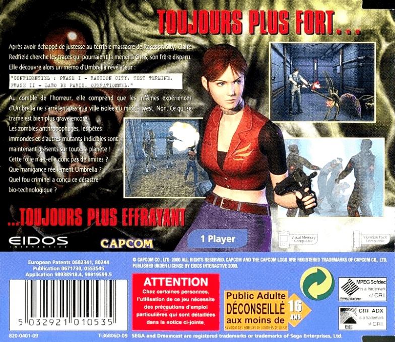 Back boxart of the game Resident Evil Code - Veronica (France) on Sega Dreamcast
