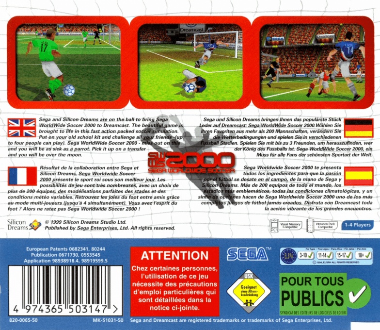 Back boxart of the game Sega Worldwide Soccer 2000 (Europe) on Sega Dreamcast