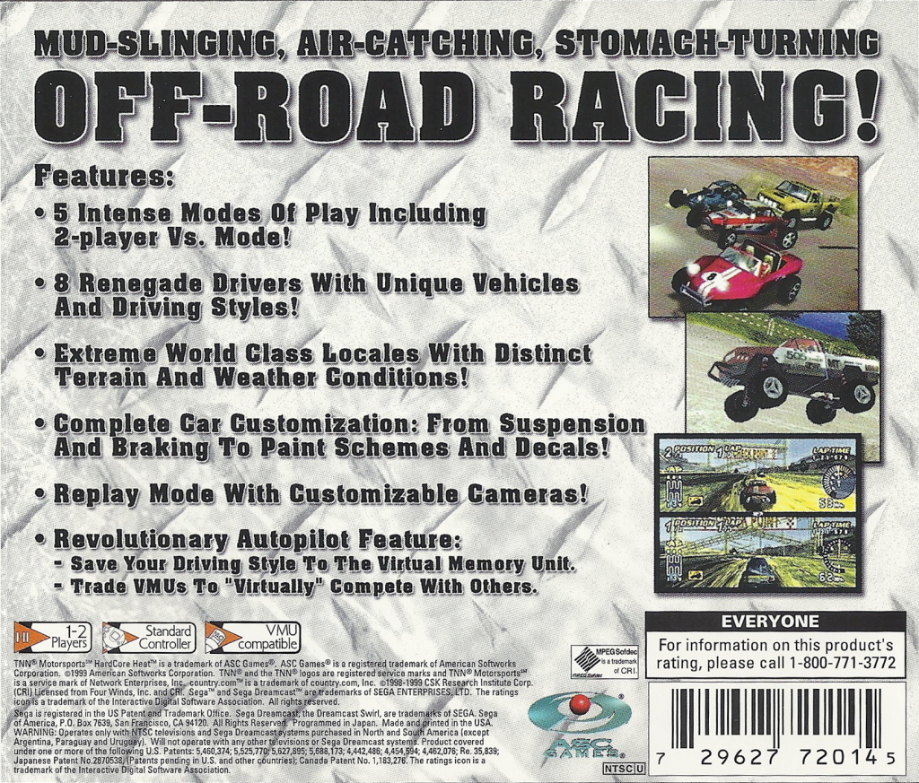 Back boxart of the game TNN Motorsports HardCore Heat (United States) on Sega Dreamcast