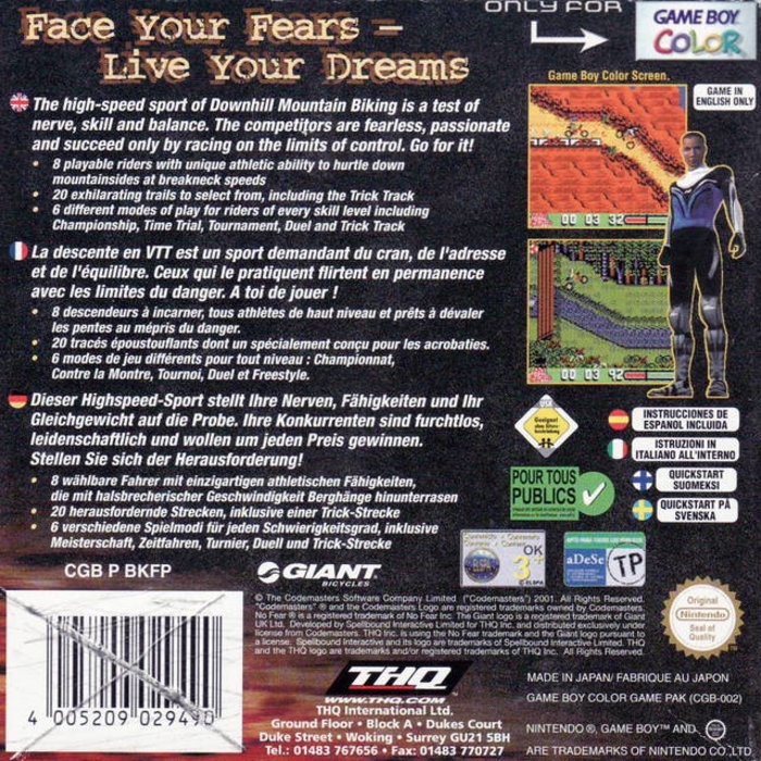 Back boxart of the game No Fear Downhill Mountain Biking (Europe) on Nintendo Game Boy Color