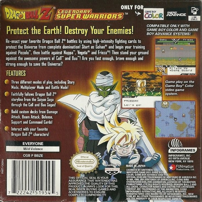 Back boxart of the game Dragon Ball Z - Les Guerriers Légendaires (United States) on Nintendo Game Boy Color