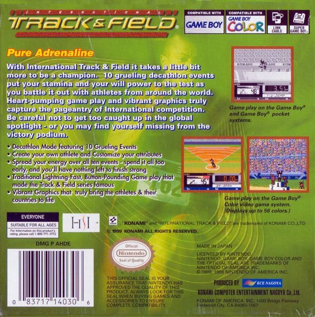 Back boxart of the game International Track & Field (United States) on Nintendo Game Boy Color