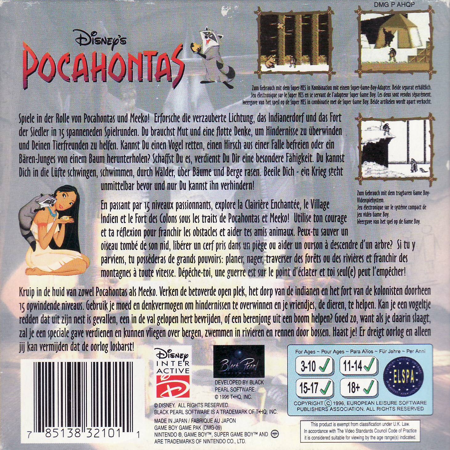 Back boxart of the game Pocahontas (Europe) on Nintendo Game Boy