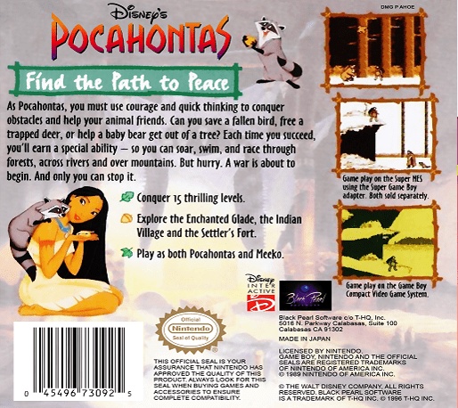 Back boxart of the game Pocahontas (United States) on Nintendo Game Boy