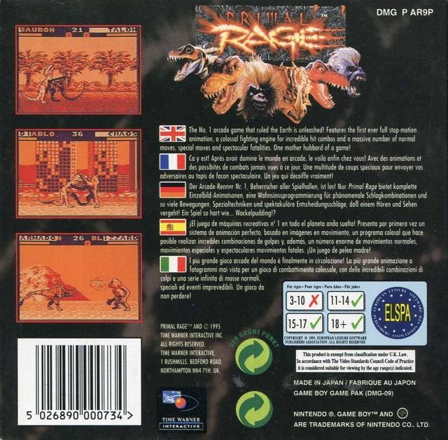 Back boxart of the game Primal Rage (Europe) on Nintendo Game Boy