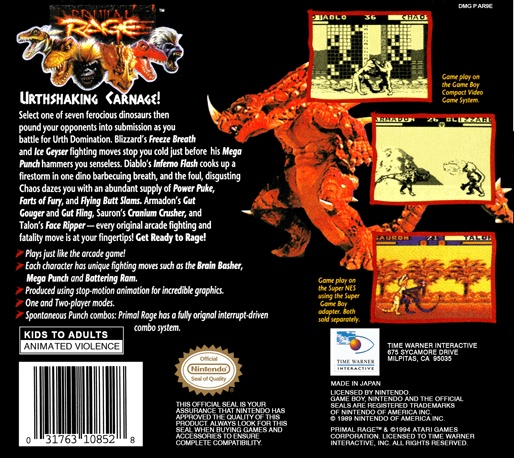 Back boxart of the game Primal Rage (United States) on Nintendo Game Boy