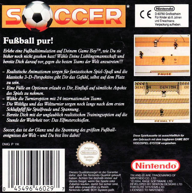 Back boxart of the game Soccer (Europe) on Nintendo Game Boy