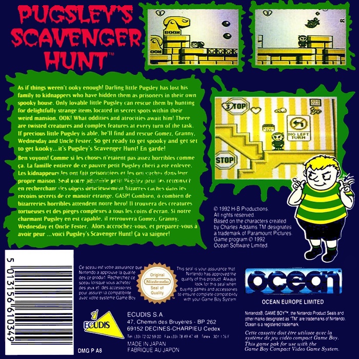 Back boxart of the game Addams Family, The - Pugsley's Scavenger Hunt (Europe) on Nintendo Game Boy