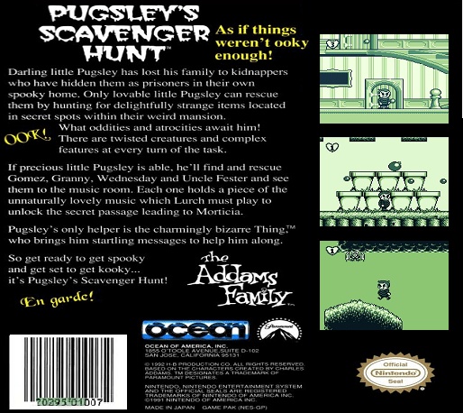 Back boxart of the game Addams Family, The - Pugsley's Scavenger Hunt (United States) on Nintendo Game Boy