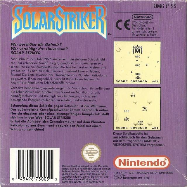 Back boxart of the game Solar Striker (Europe) on Nintendo Game Boy