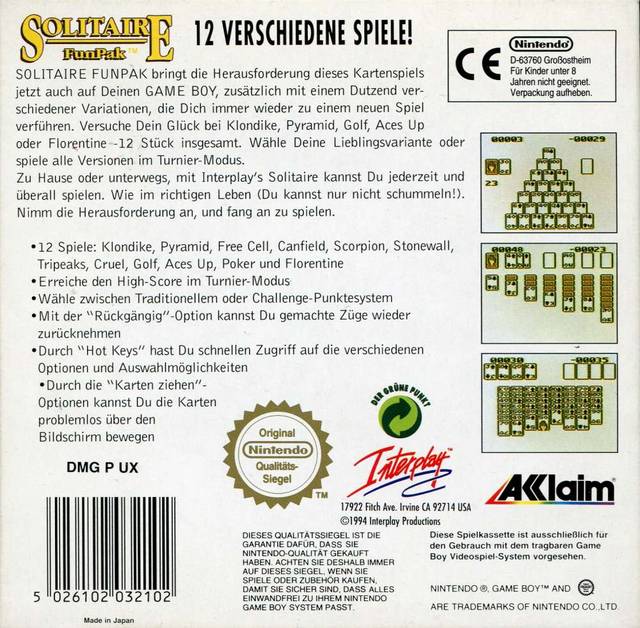 Back boxart of the game Solitaire FunPak (Europe) on Nintendo Game Boy