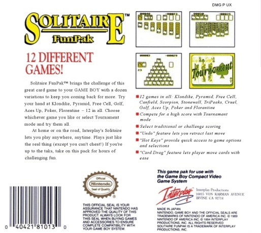 Back boxart of the game Solitaire FunPak (United States) on Nintendo Game Boy