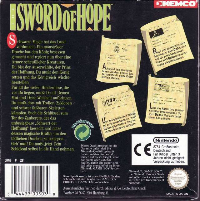 Back boxart of the game Sword of Hope, The (Europe) on Nintendo Game Boy