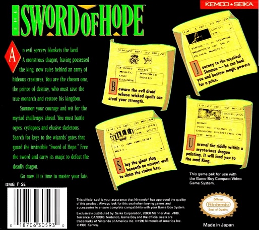 Back boxart of the game Sword of Hope, The (United States) on Nintendo Game Boy