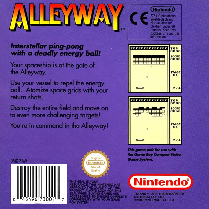 Back boxart of the game Alleyway (Europe) on Nintendo Game Boy