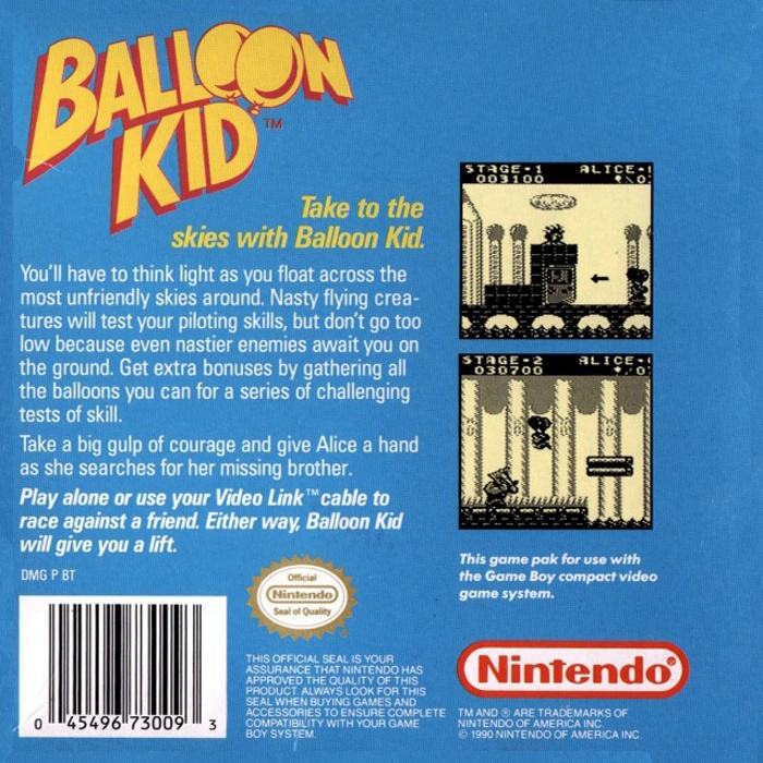 Back boxart of the game Balloon Kid (United States) on Nintendo Game Boy