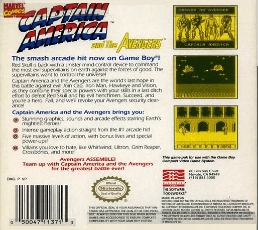 Back boxart of the game Captain America and the Avengers (United States) on Nintendo Game Boy