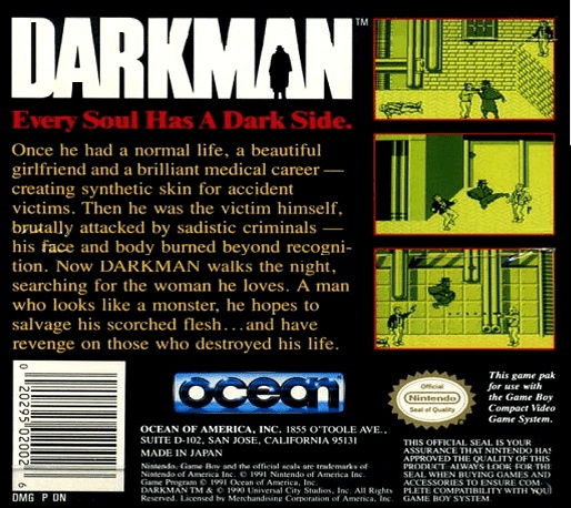 Back boxart of the game Darkman (United States) on Nintendo Game Boy