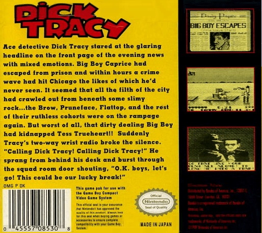 Back boxart of the game Dick Tracy (United States) on Nintendo Game Boy