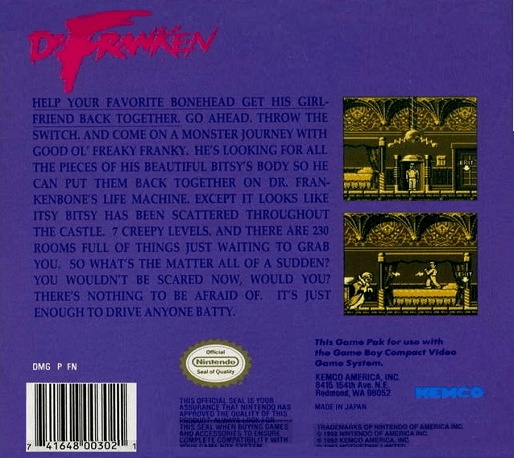 Back boxart of the game Dr. Franken (United States) on Nintendo Game Boy