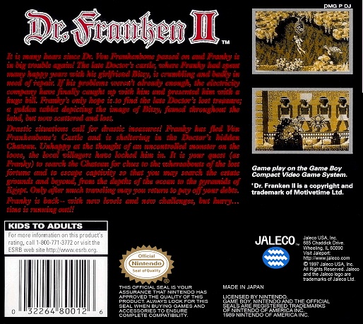 Back boxart of the game Dr. Franken II (United States) on Nintendo Game Boy