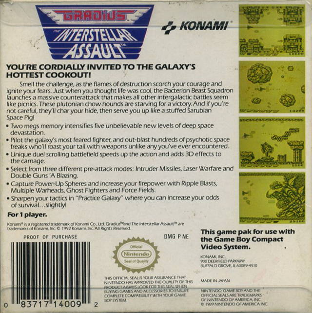 Back boxart of the game Gradius - The Interstellar Assault (United States) on Nintendo Game Boy