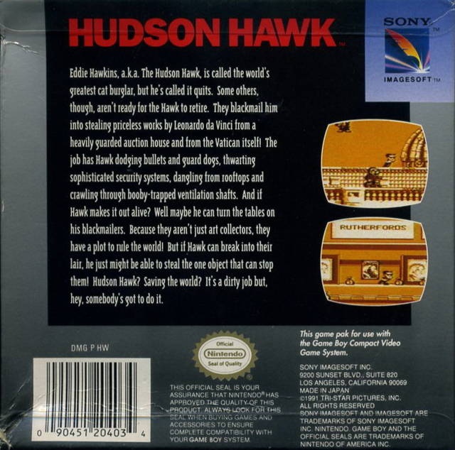 Back boxart of the game Hudson Hawk (United States) on Nintendo Game Boy