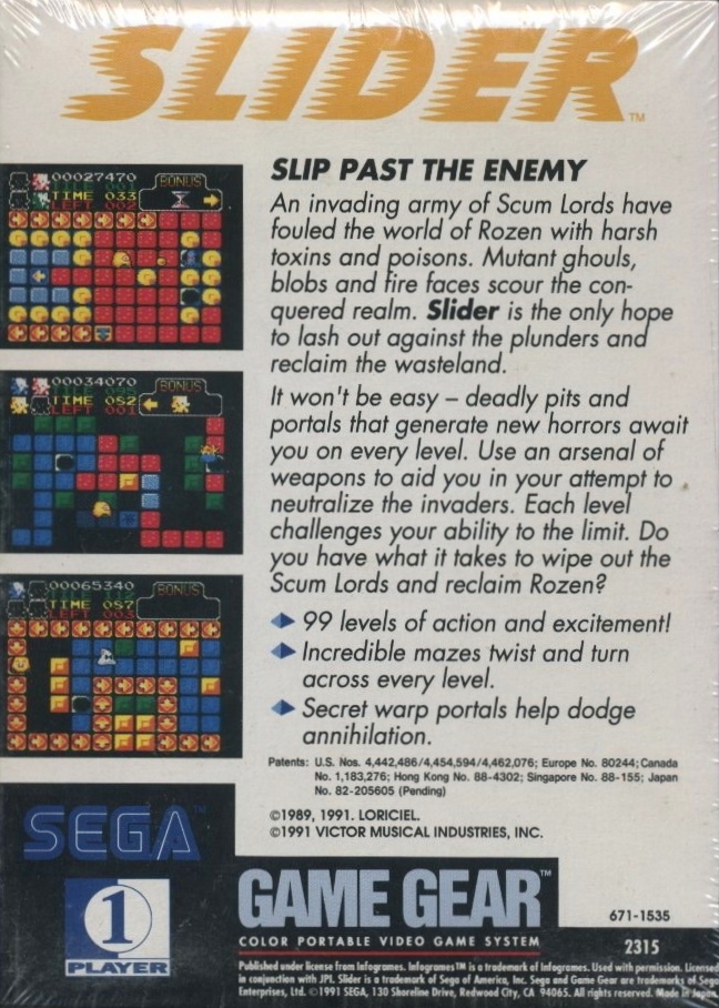 Back boxart of the game Slider (United States) on Sega Game Gear