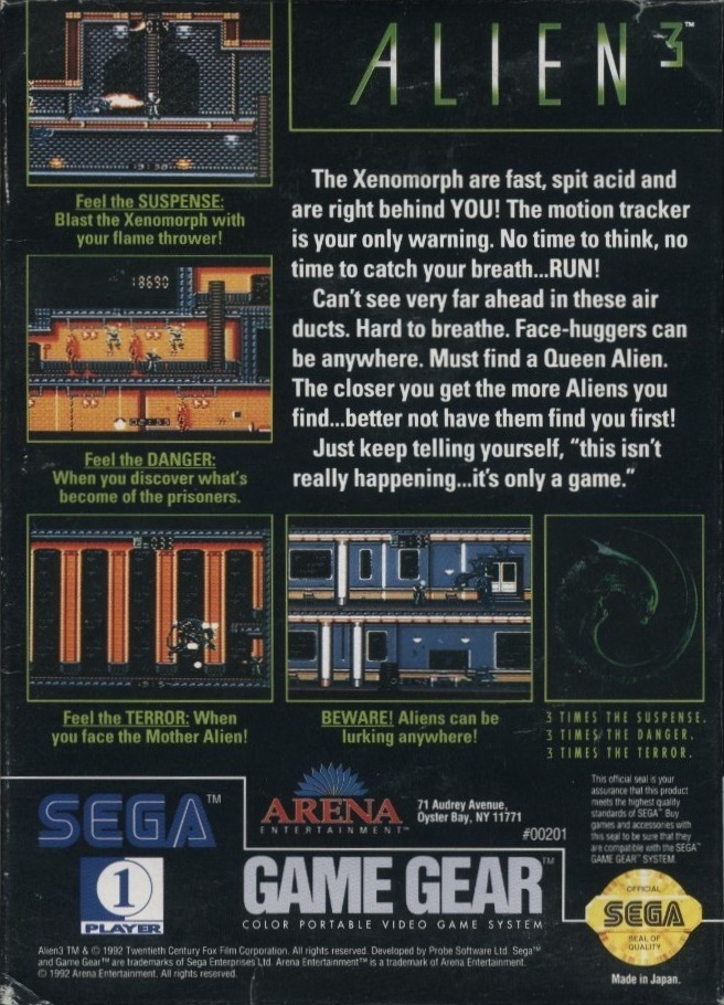 Back boxart of the game Alien 3 (United States) on Sega Game Gear