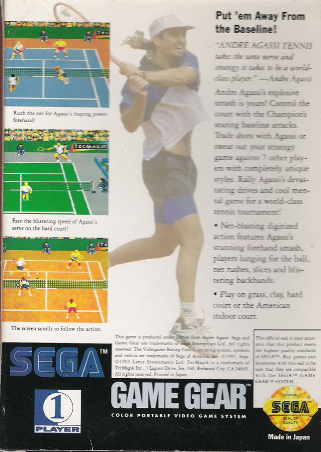 Back boxart of the game Andre Agassi Tennis (United States) on Sega Game Gear
