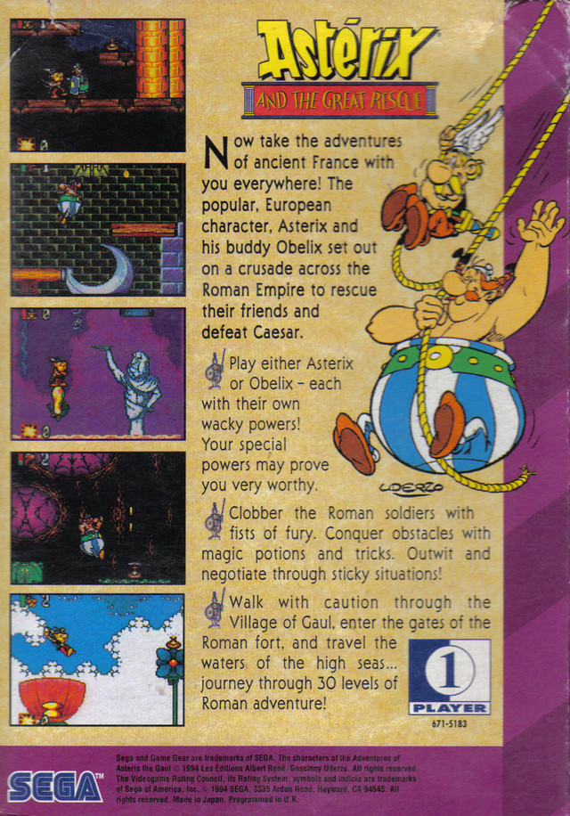 Back boxart of the game Asterix and the Great Rescue (United States) on Sega Game Gear