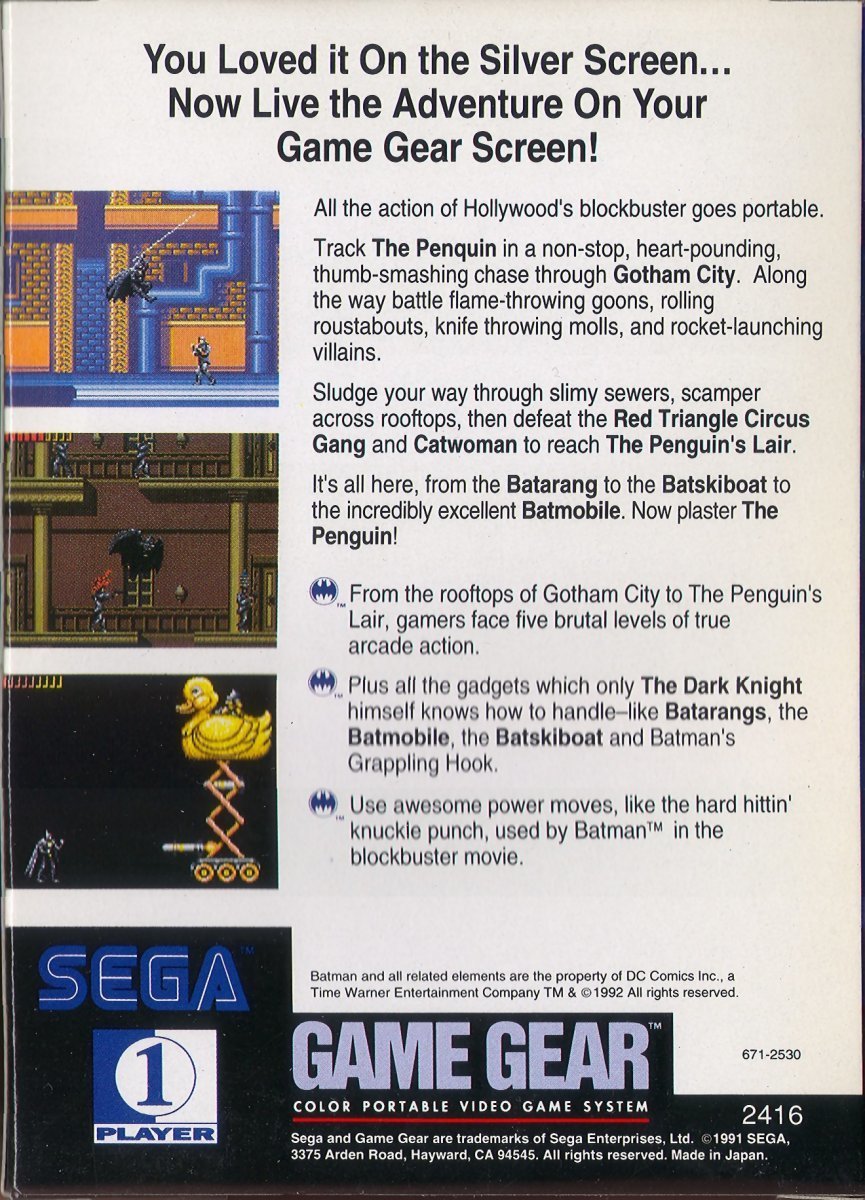 Back boxart of the game Batman Returns (United States) on Sega Game Gear
