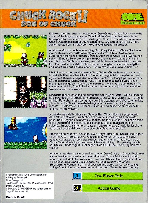 Back boxart of the game Chuck Rock II - Son of Chuck (Europe) on Sega Game Gear