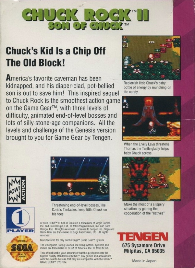 Back boxart of the game Chuck Rock II - Son of Chuck (United States) on Sega Game Gear