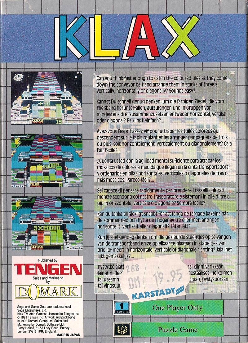 Back boxart of the game Klax (Europe) on Sega Game Gear