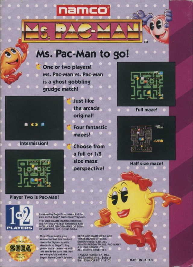 Back boxart of the game Ms. Pac-Man (United States) on Sega Game Gear.