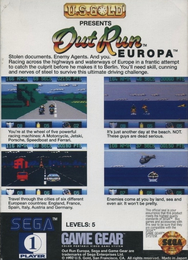 Back boxart of the game OutRun Europa (United States) on Sega Game Gear