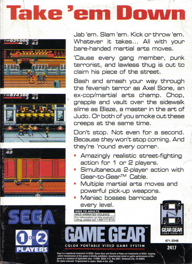 Back boxart of the game Streets of Rage (United States) on Sega Game Gear