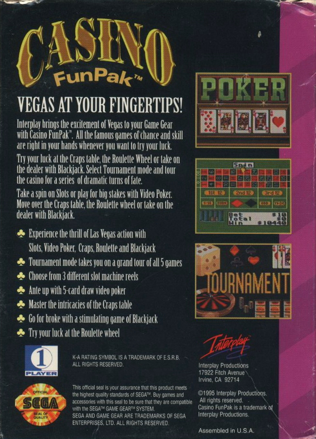 Back boxart of the game Casino FunPak (United States) on Sega Game Gear