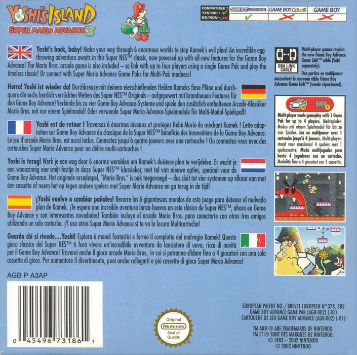 Back boxart of the game Yoshi's Island - Super Mario Advance 3 (Europe) on Nintendo GameBoy Advance